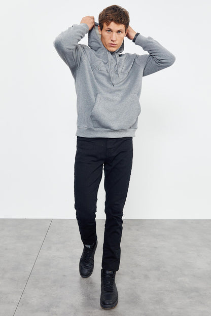 Gray Melange Embroidered Hooded Comfort Fit Men's Sweatshirt - 88007