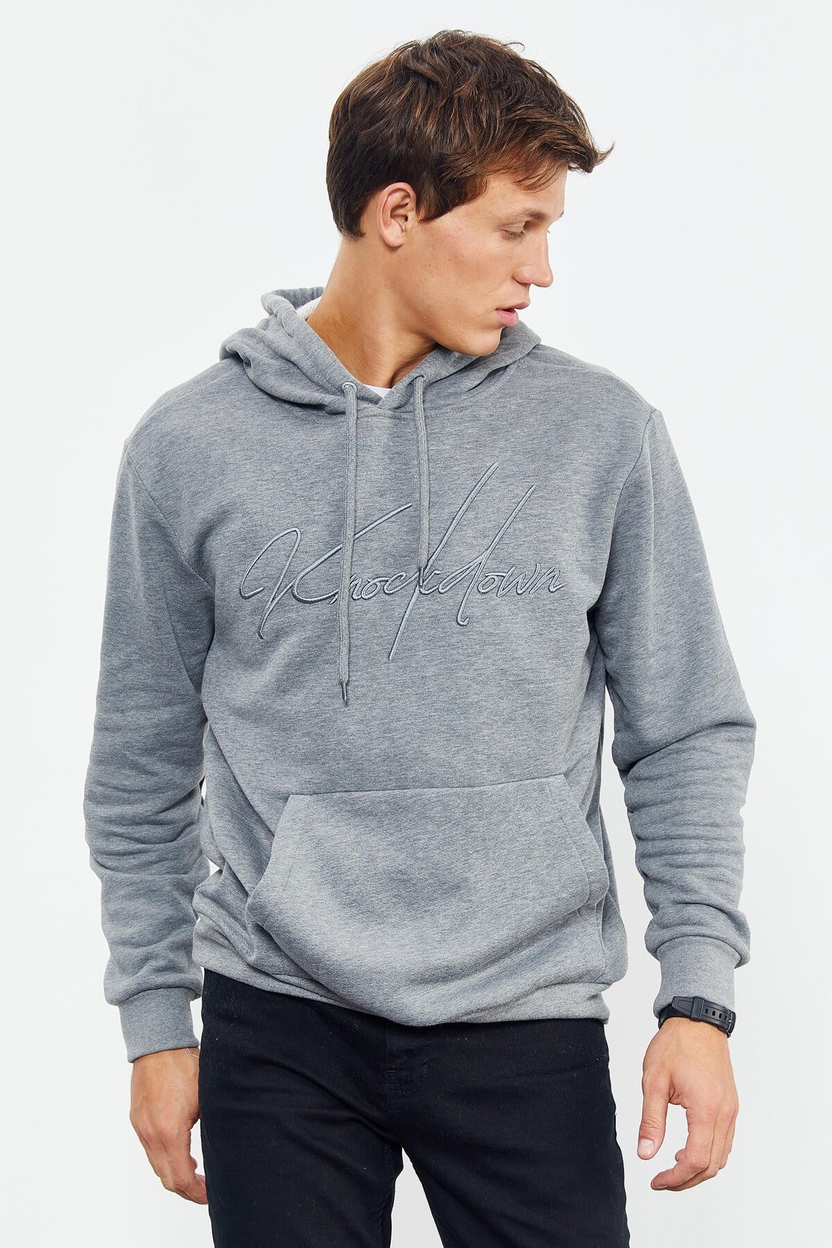 Gray Melange Embroidered Hooded Comfort Fit Men's Sweatshirt - 88007