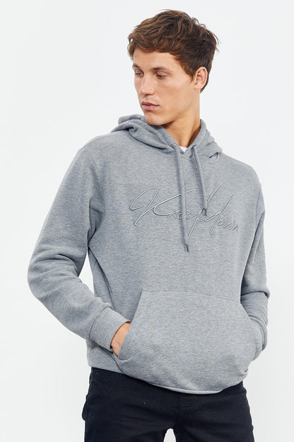Gray Melange Embroidered Hooded Comfort Fit Men's Sweatshirt - 88007