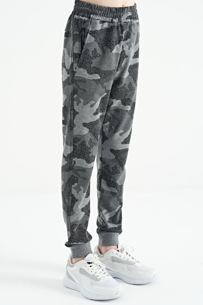 Grey   Boys' Camouflage Pattern Zip Pocket Slim Fit Cuffed Tracksuit Bottom - 64053
