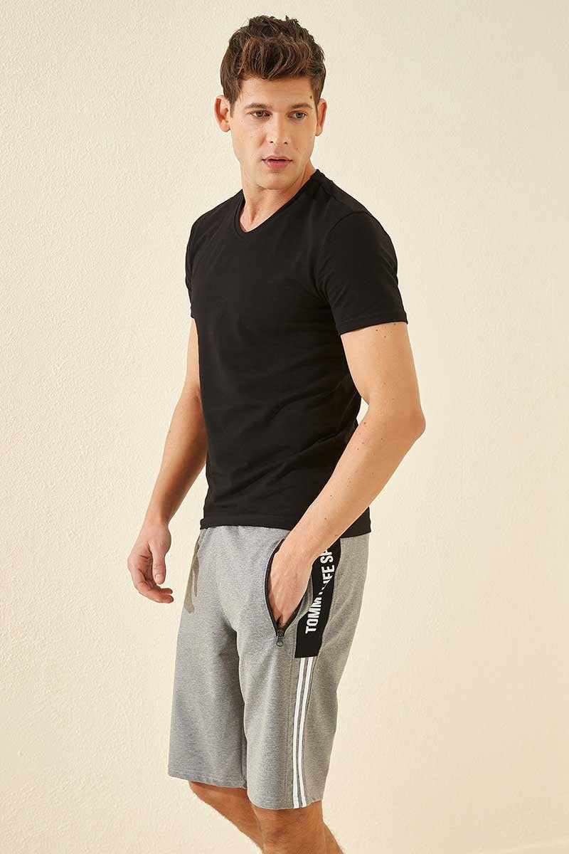 Grey Melange Striped Print Standard Fit Men's Shorts - 81145