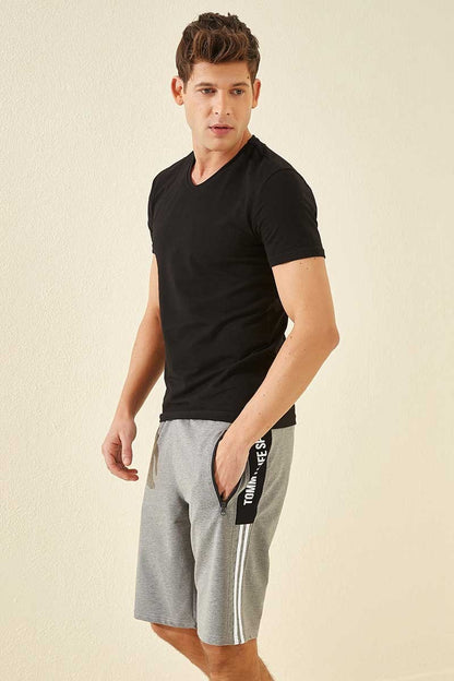 Grey Melange Striped Print Standard Fit Men's Shorts - 81145