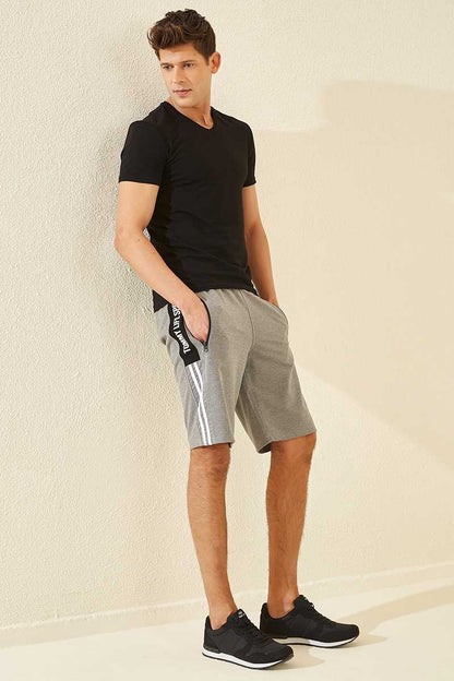 Grey Melange Striped Print Standard Fit Men's Shorts - 81145