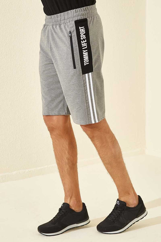 Grey Melange Striped Print Standard Fit Men's Shorts - 81145