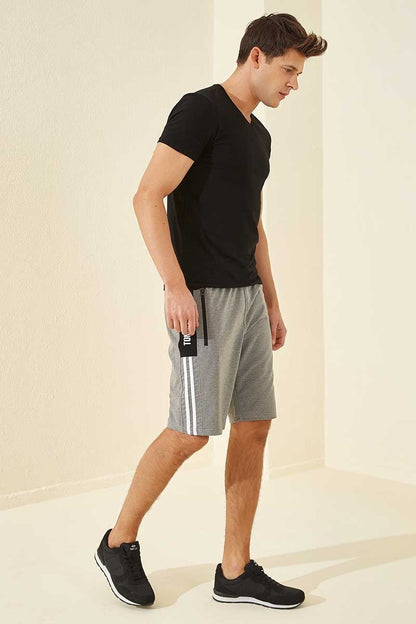 Grey Melange Striped Print Standard Fit Men's Shorts - 81145