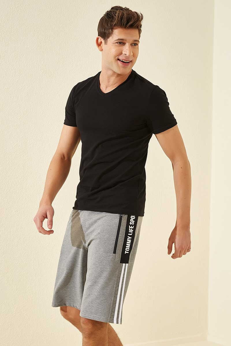 Grey Melange Striped Print Standard Fit Men's Shorts - 81145