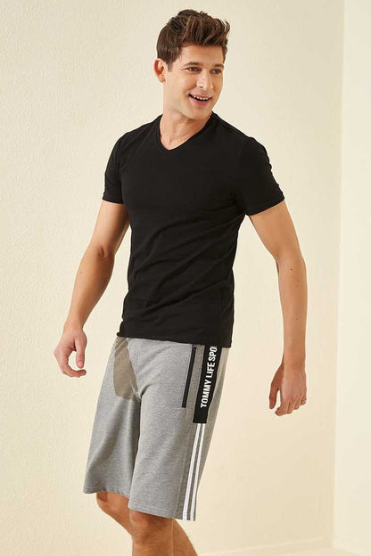Grey Melange Striped Print Standard Fit Men's Shorts - 81145