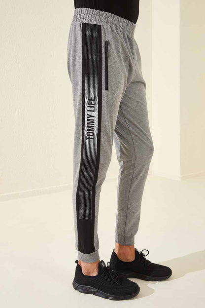 Grey Melange Zippered Printed Standard Fit Jogger Men's Tracksuit Bottom - 84657