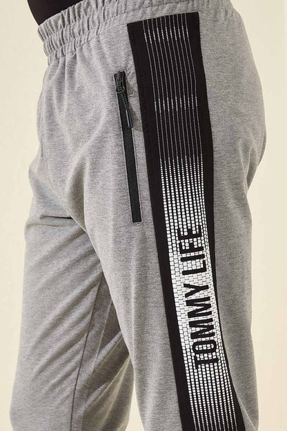 Grey Melange Zippered Printed Standard Fit Jogger Men's Tracksuit Bottom - 84657