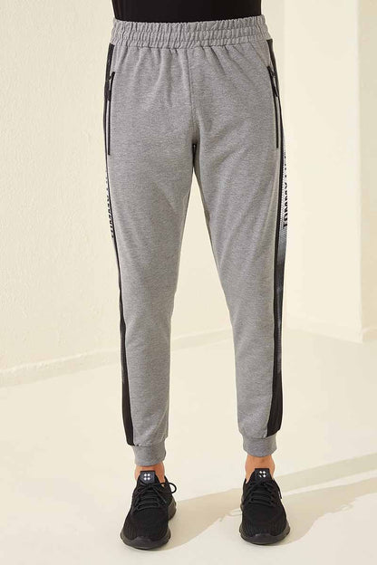 Grey Melange Zippered Printed Standard Fit Jogger Men's Tracksuit Bottom - 84657