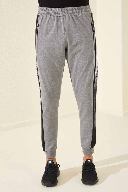 Grey Melange Zippered Printed Standard Fit Jogger Men's Tracksuit Bottom - 84657
