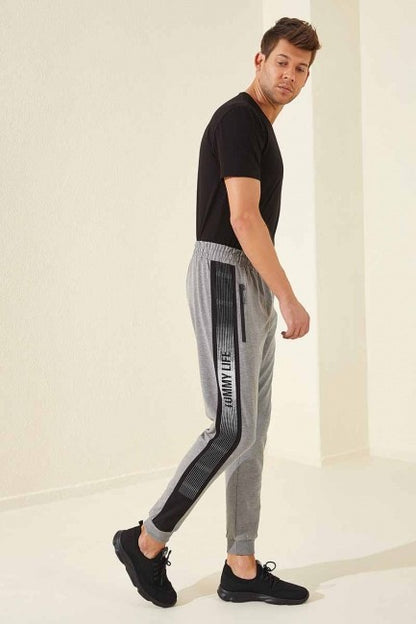 Grey Melange Zippered Printed Standard Fit Jogger Men's Tracksuit Bottom - 84657