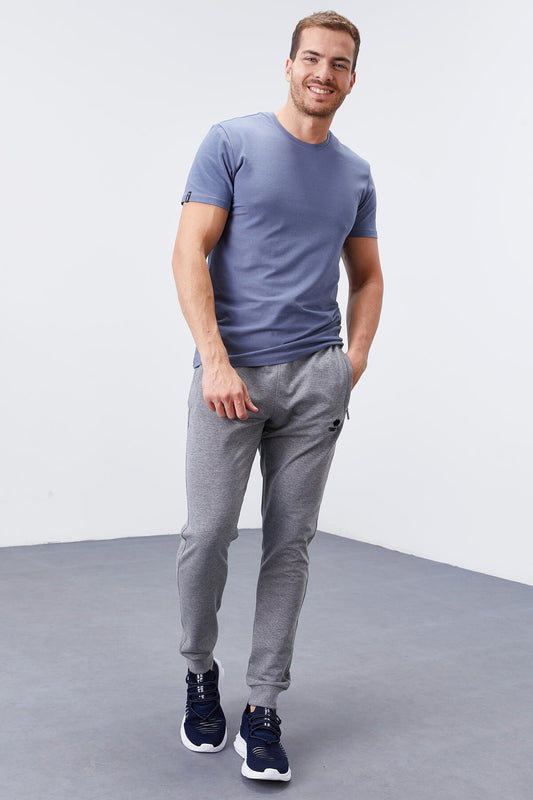 Grey Melange zippered pocketed short-sleeved jogger male tracksuit Pants