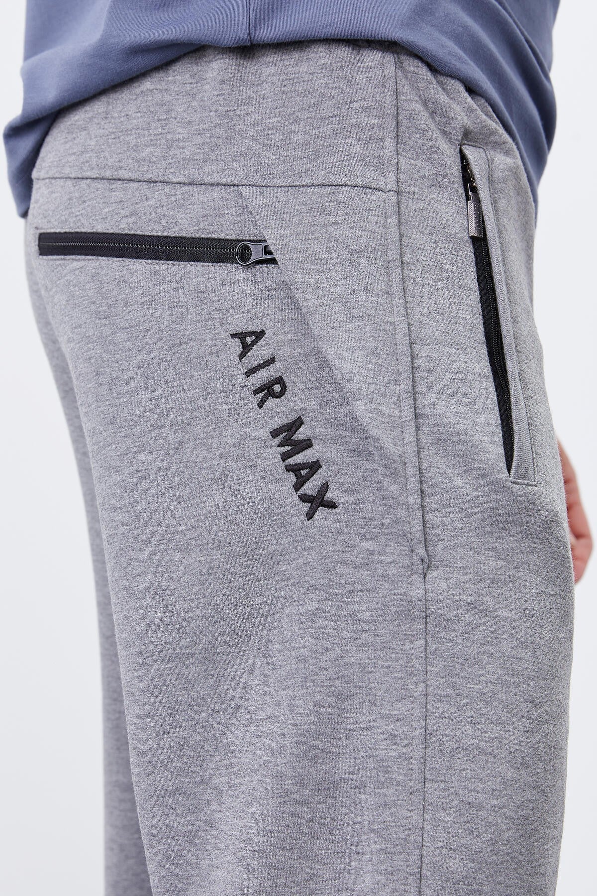 Grey Melange zippered pocketed short-sleeved jogger male tracksuit Pants