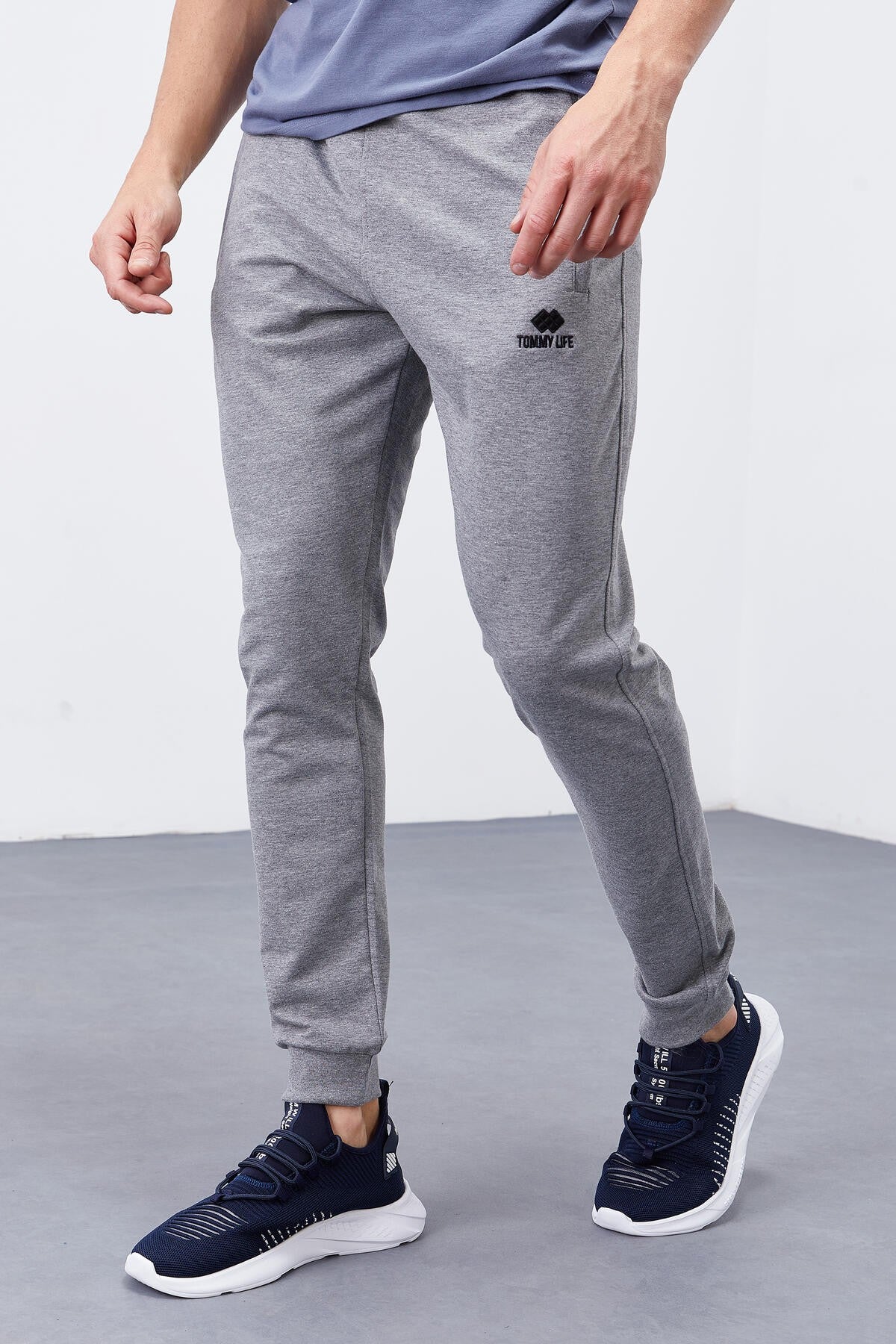 Grey Melange zippered pocketed short-sleeved jogger male tracksuit Pants