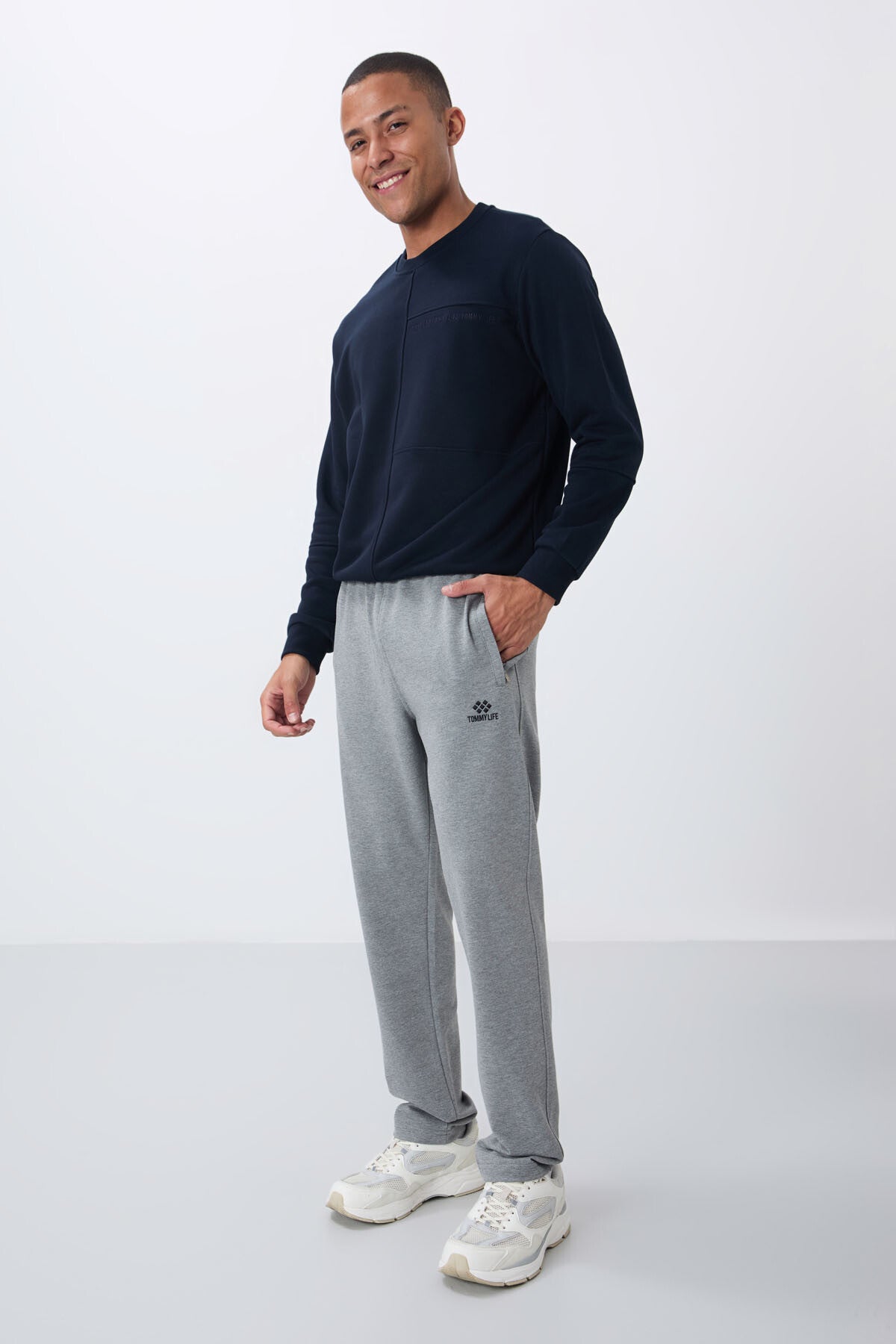 Grey Melange Zippered Straight Hem Classic Leg Men's Tracksuit Bottom - 84669