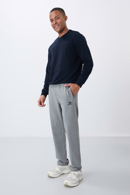Grey Melange Zippered Straight Hem Classic Leg Men's Tracksuit Bottom - 84669