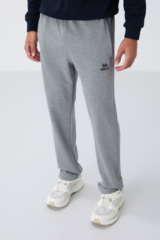 Grey Melange Zippered Straight Hem Classic Leg Men's Tracksuit Bottom - 84669
