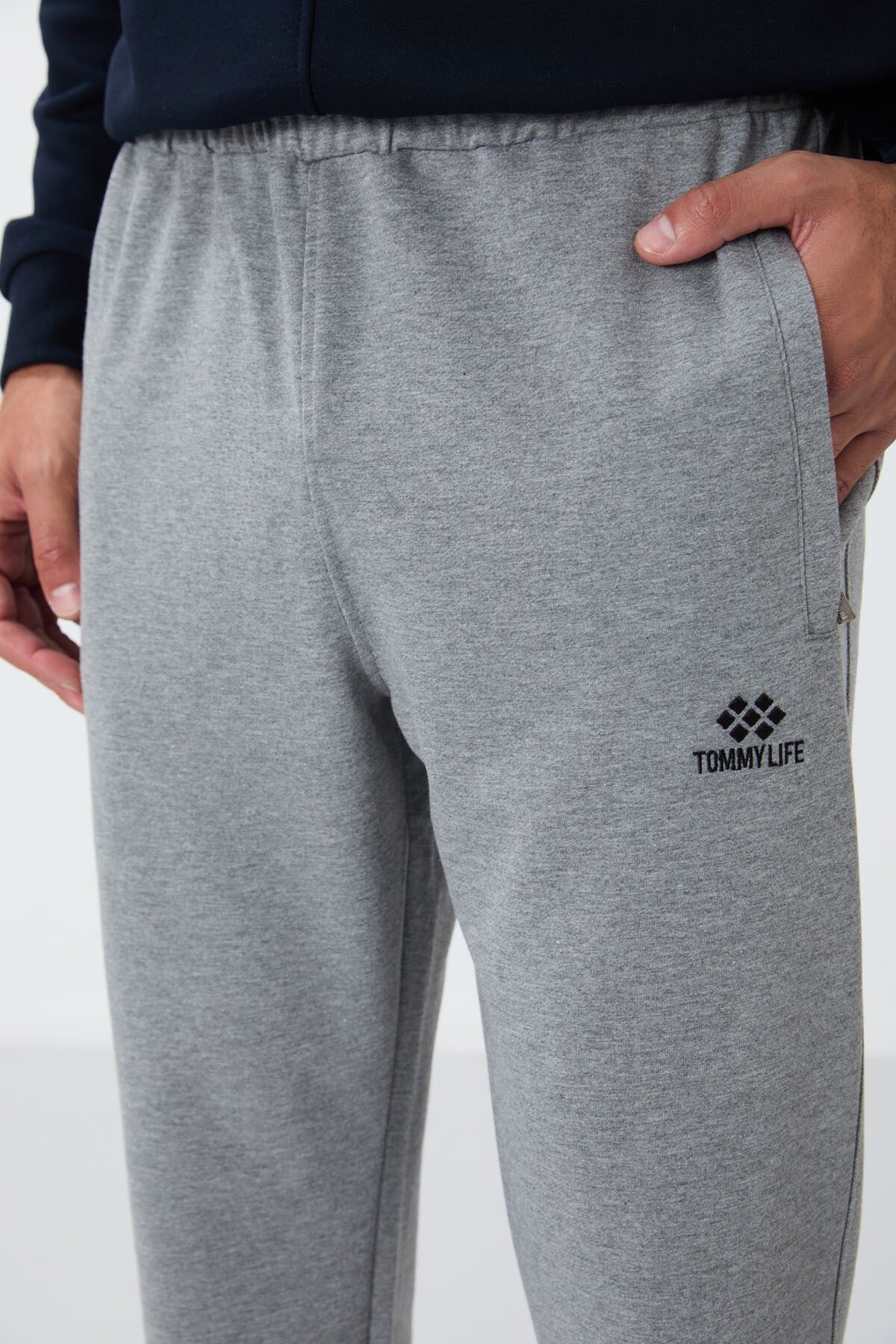 Grey Melange Zippered Straight Hem Classic Leg Men's Tracksuit Bottom - 84669