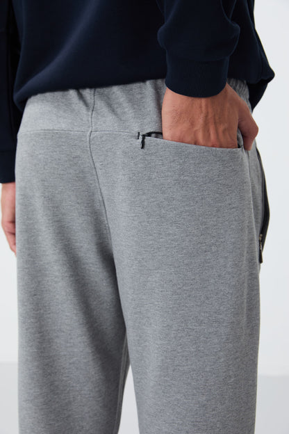Grey Melange Zippered Straight Hem Classic Leg Men's Tracksuit Bottom - 84669