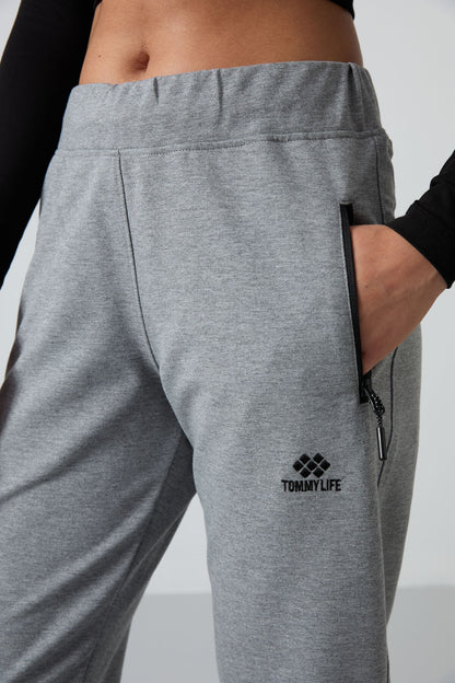 Grey Melange Zippered Comfort Fit Classic Leg Women's Tracksuit Bottom - 94195