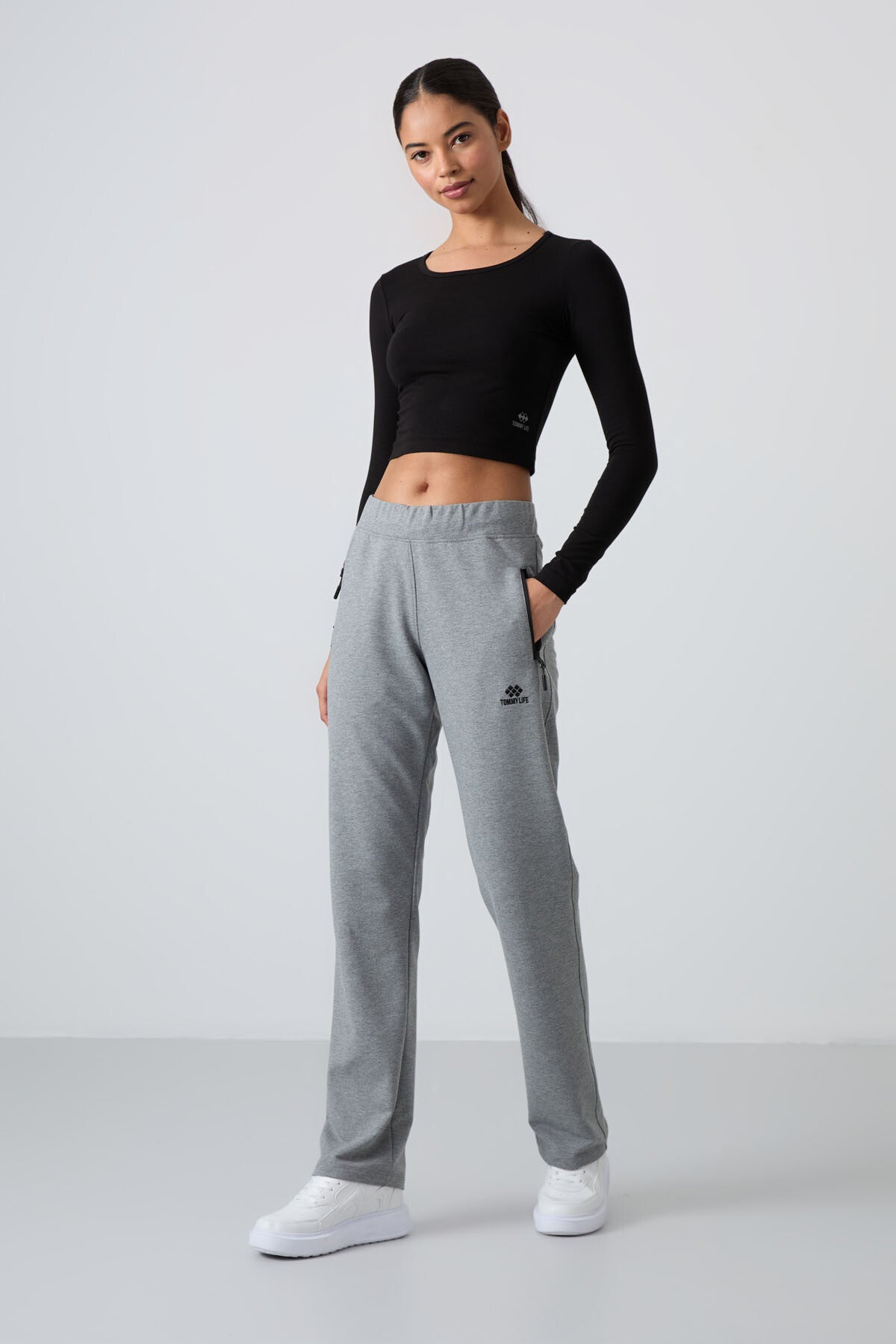 Grey Melange Zippered Comfort Fit Classic Leg Women's Tracksuit Bottom - 94195