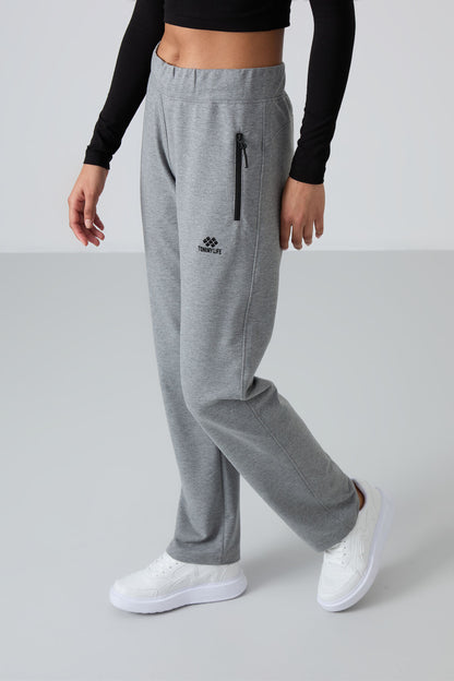 Grey Melange Zippered Comfort Fit Classic Leg Women's Tracksuit Bottom - 94195