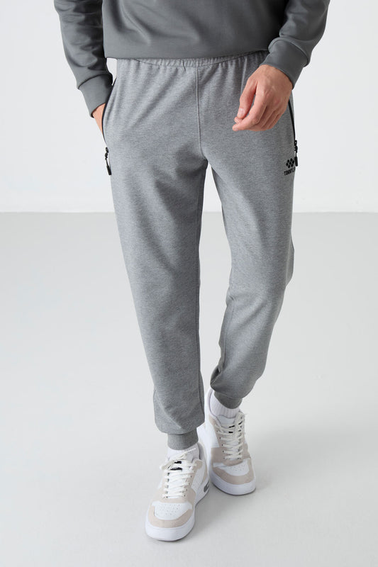Grey Melange Zippered Standard Fit Jogger Men's Tracksuit Bottom - 84587
