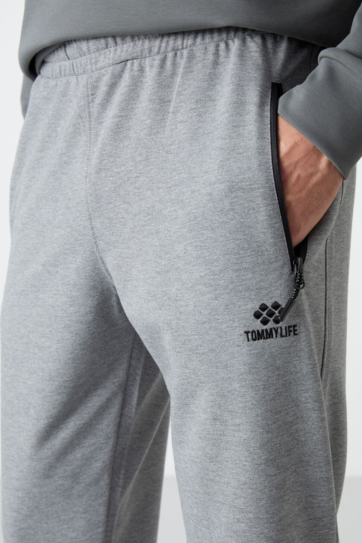Grey Melange Zippered Standard Fit Jogger Men's Tracksuit Bottom - 84587