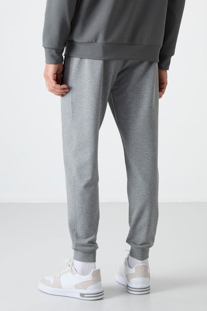 Grey Melange Zippered Standard Fit Jogger Men's Tracksuit Bottom - 84587