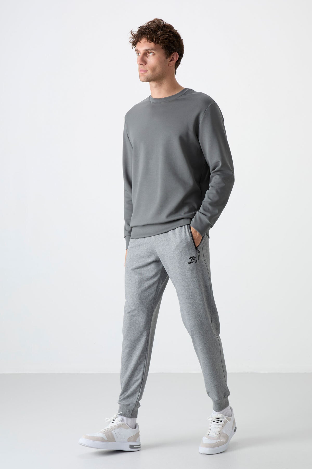 Grey Melange Zippered Standard Fit Jogger Men's Tracksuit Bottom - 84587