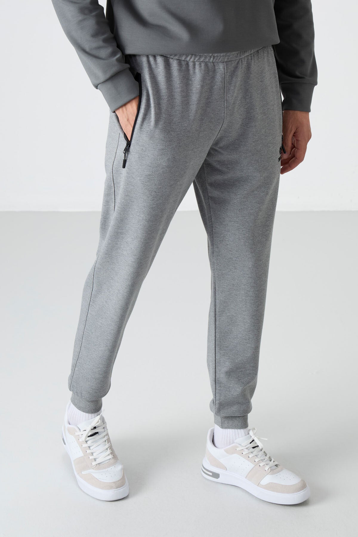 Grey Melange Zippered Standard Fit Jogger Men's Tracksuit Bottom - 84587