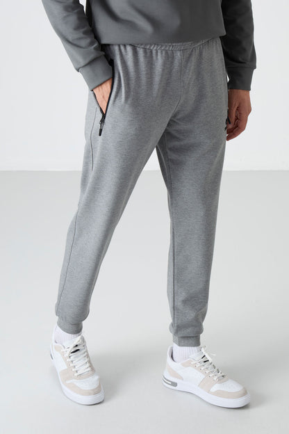 Grey Melange Zippered Standard Fit Jogger Men's Tracksuit Bottom - 84587