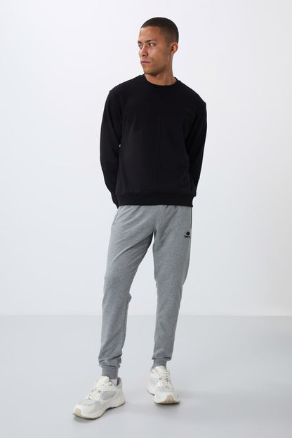 Grey Melange Zippered Standard Fit Jogger Men's Tracksuit Bottom - 84651