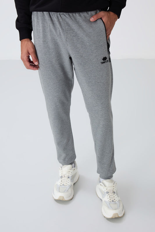 Grey Melange Zippered Standard Fit Jogger Men's Tracksuit Bottom - 84651