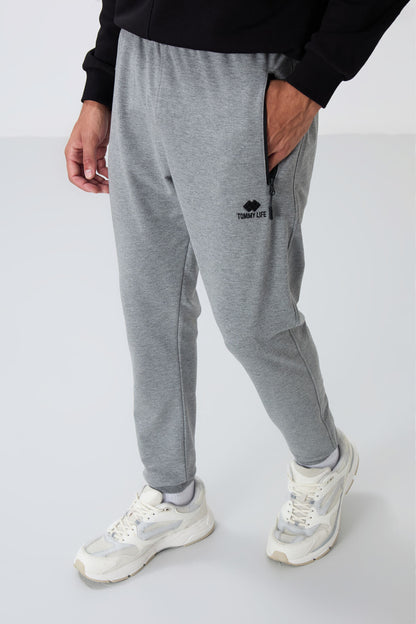 Grey Melange Zippered Standard Fit Jogger Men's Tracksuit Bottom - 84651