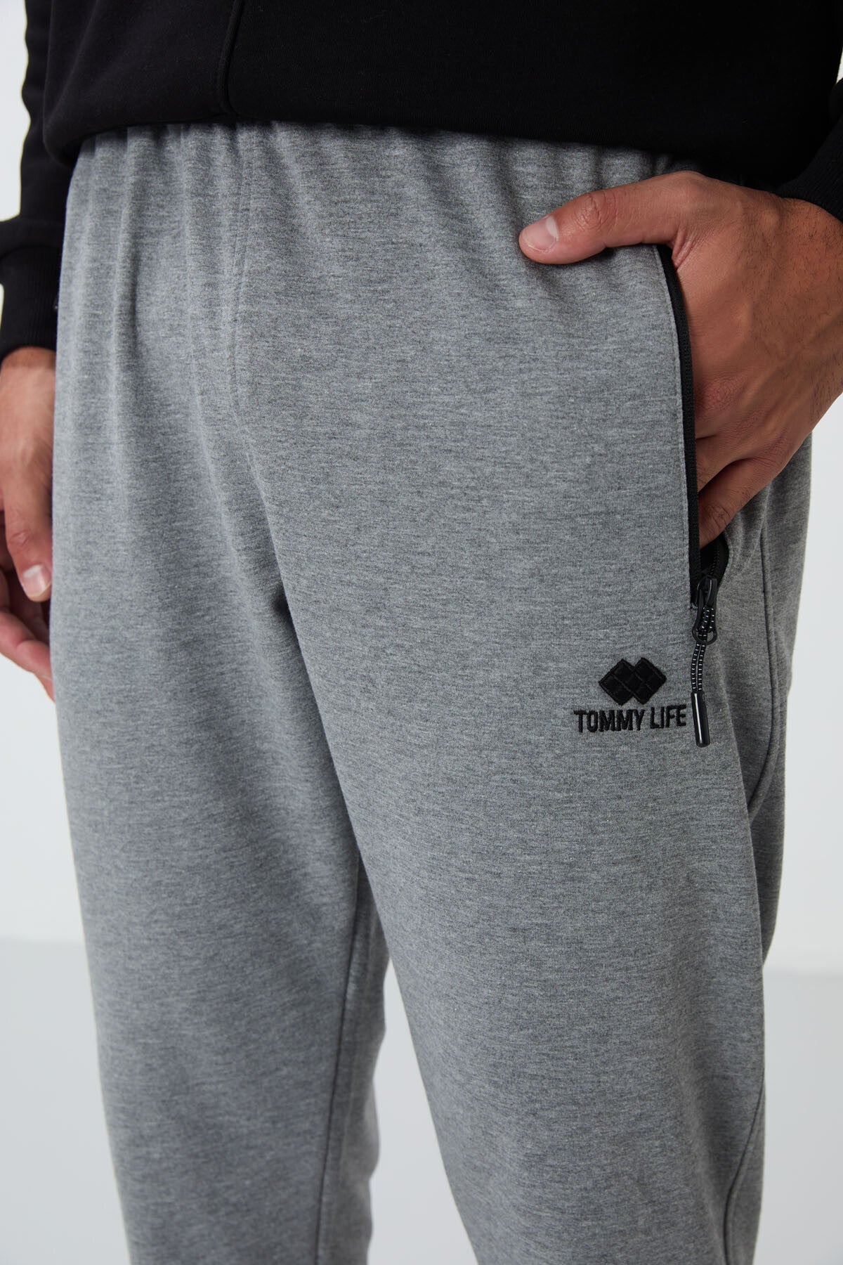 Grey Melange Zippered Standard Fit Jogger Men's Tracksuit Bottom - 84651