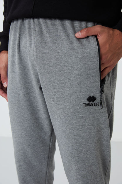 Grey Melange Zippered Standard Fit Jogger Men's Tracksuit Bottom - 84651