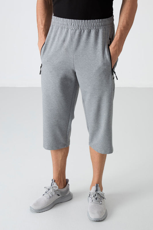 Grey Melange Zippered Standard Fit Classic Hem Men's Capri - 83091