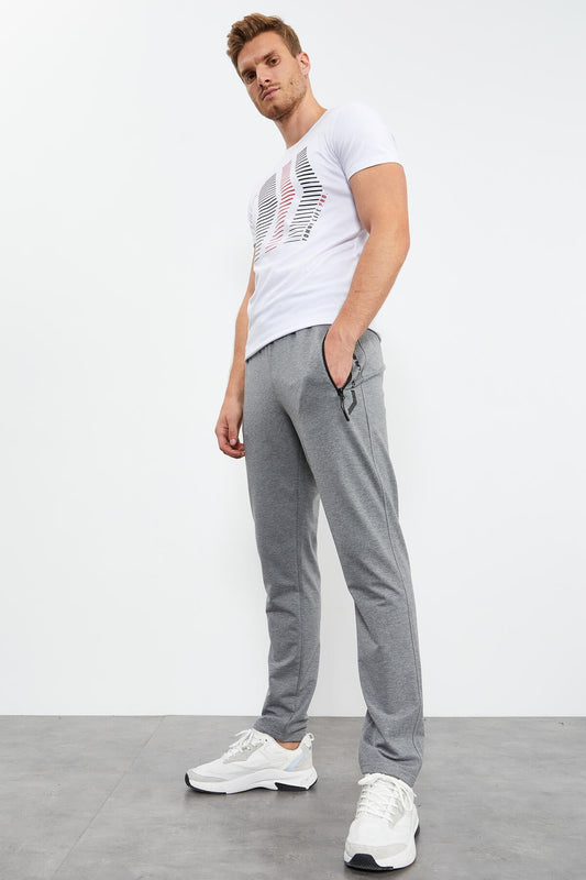 Grey Melange Zippered Detailed Standard Fit Classic Cuff Men's Tracksuit Bottom - 84744