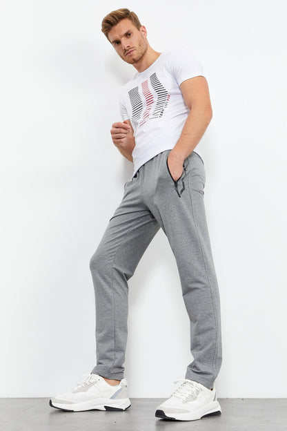 Grey Melange Zippered Detailed Standard Fit Classic Cuff Men's Tracksuit Bottom - 84744