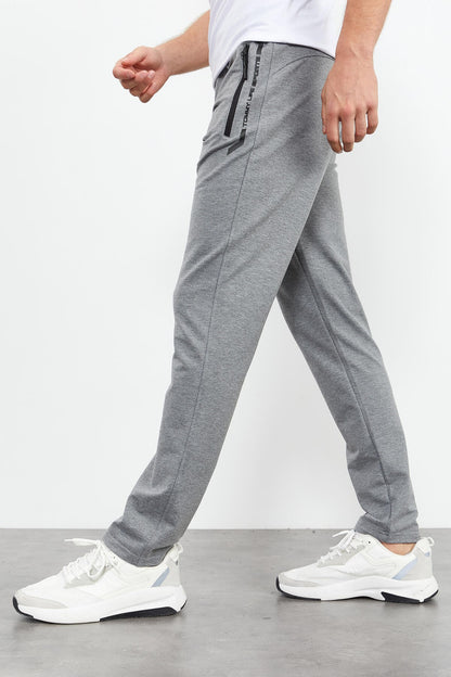 Grey Melange Zippered Detailed Standard Fit Classic Cuff Men's Tracksuit Bottom - 84744