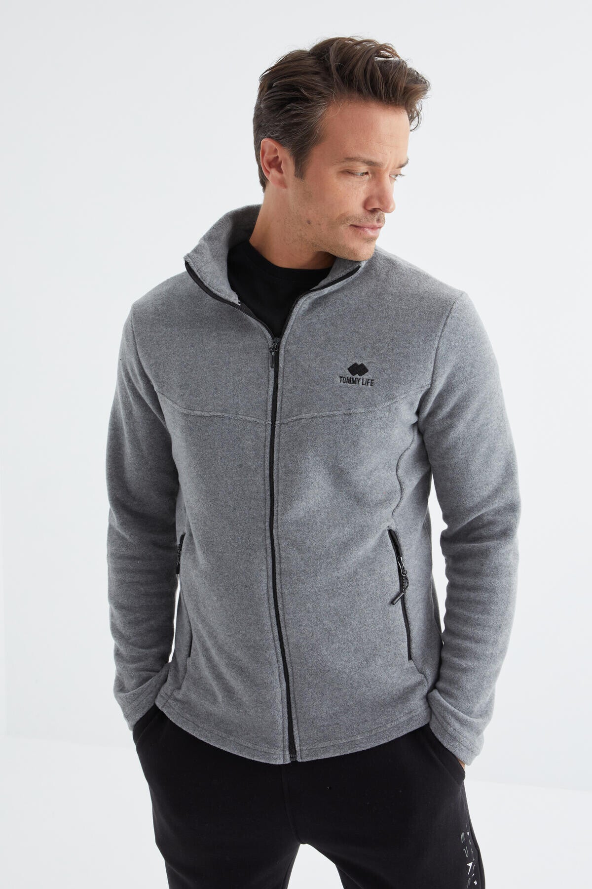 Grey Melange Zippered High Collar Standard Fit Men's Fleece Sweatshirt - 88134