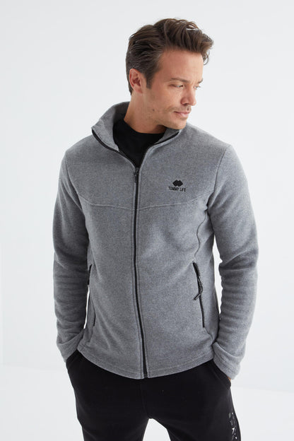 Grey Melange Zippered High Collar Standard Fit Men's Fleece Sweatshirt - 88134