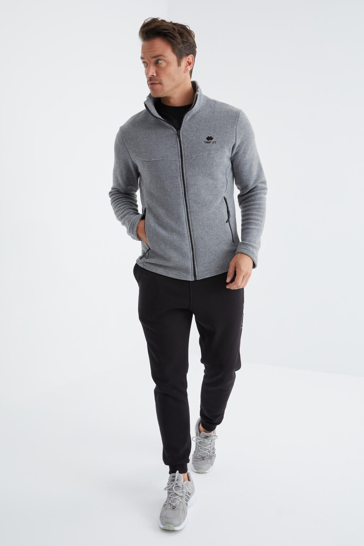 Grey Melange Zippered High Collar Standard Fit Men's Fleece Sweatshirt - 88134