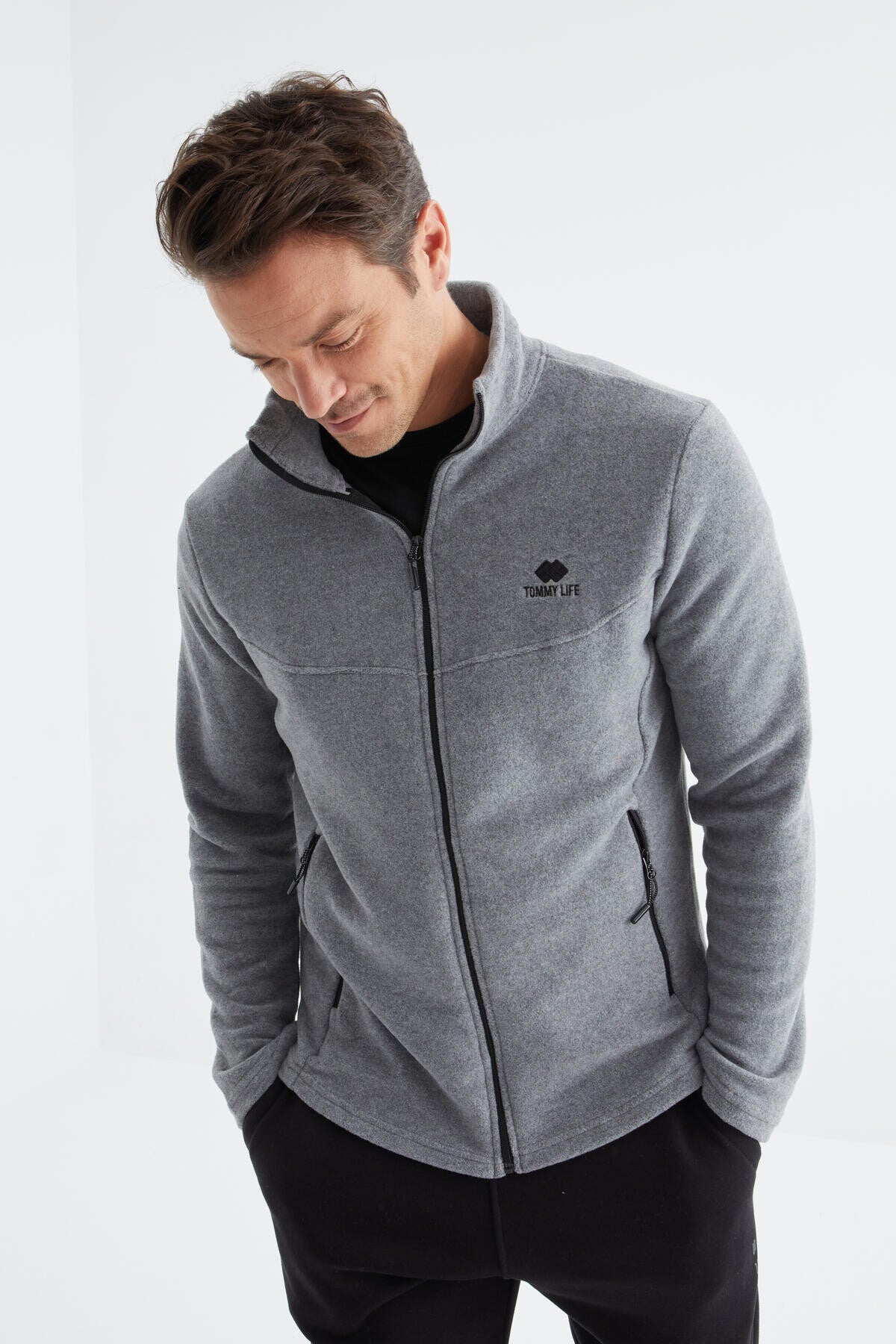 Grey Melange Zippered High Collar Standard Fit Men's Fleece Sweatshirt - 88134