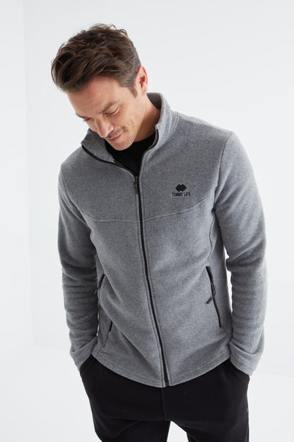 Grey Melange Zippered High Collar Standard Fit Men's Fleece Sweatshirt - 88134
