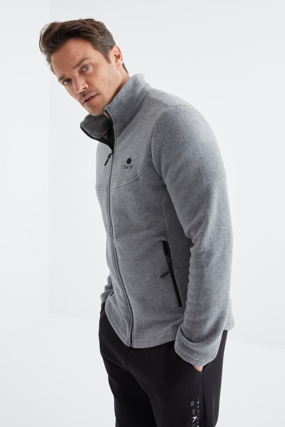 Grey Melange Zippered High Collar Standard Fit Men's Fleece Sweatshirt - 88134
