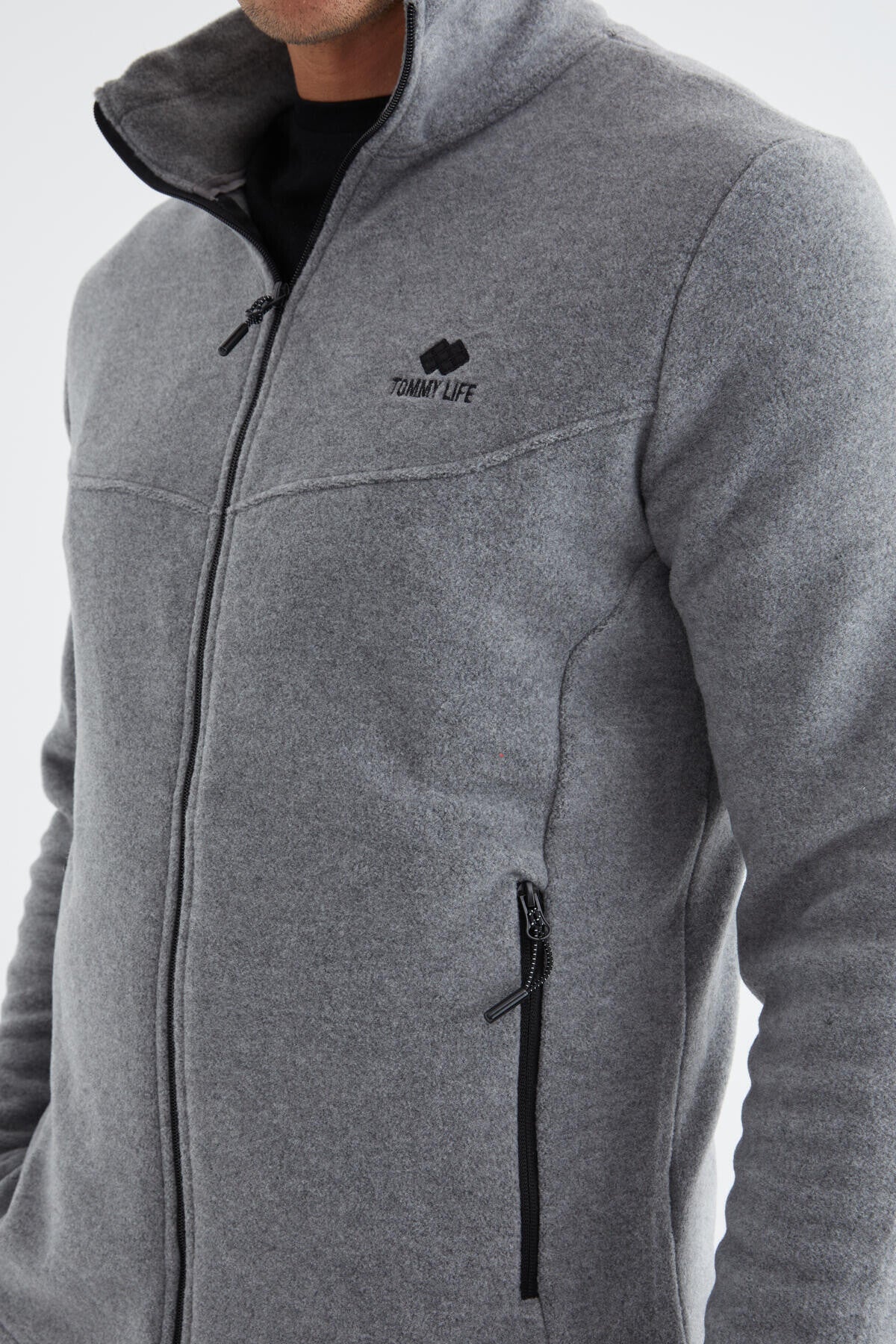 Grey Melange Zippered High Collar Standard Fit Men's Fleece Sweatshirt - 88134