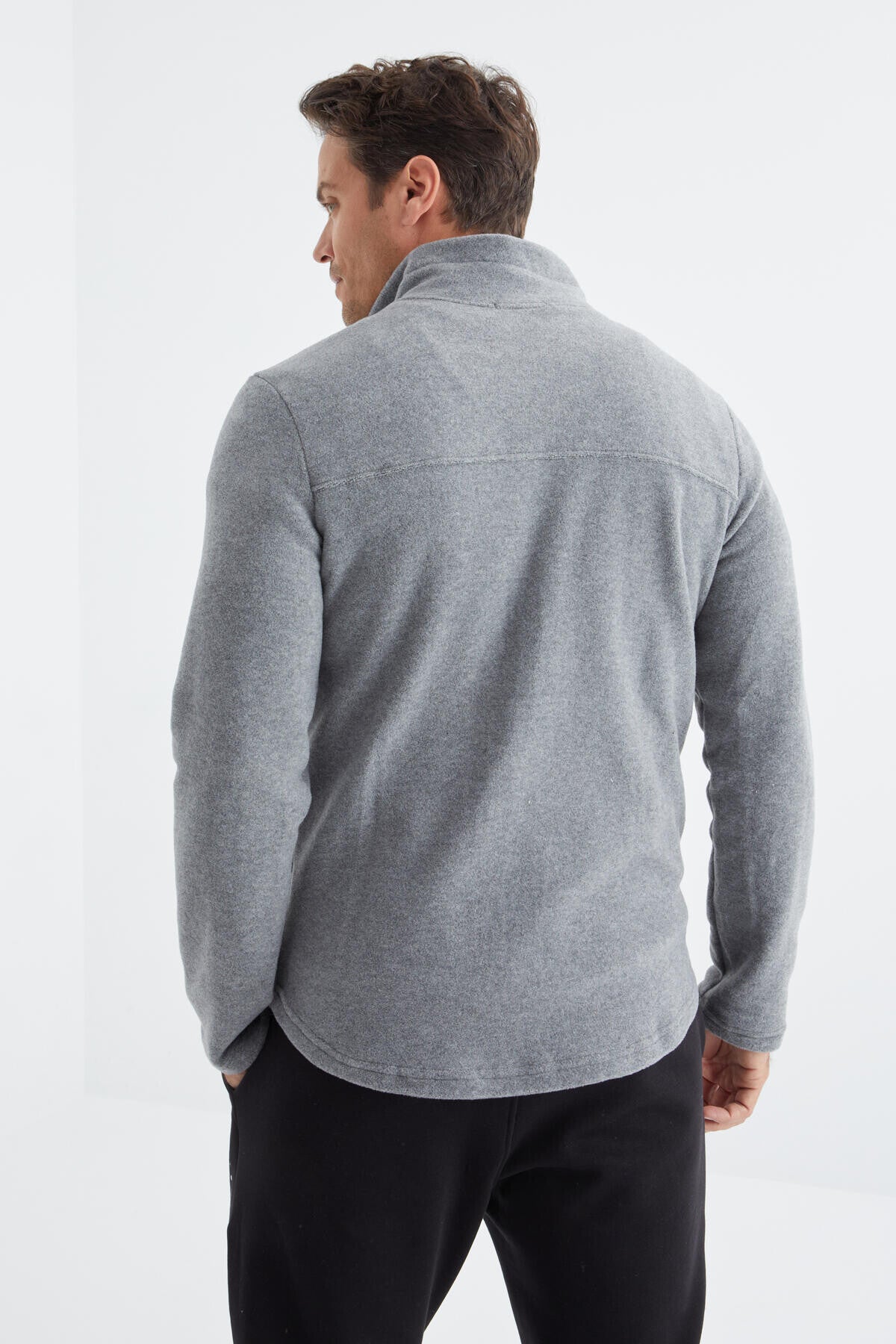 Grey Melange Zippered High Collar Standard Fit Men's Fleece Sweatshirt - 88134